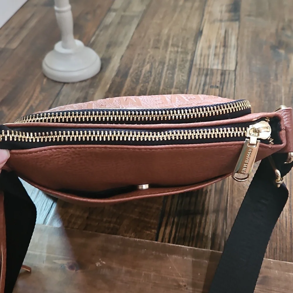 Steve Madden Women's Brown And Black Vegan Leather Crossbody Bag W/ Gold Accents